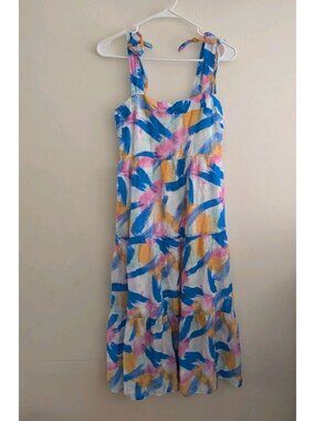 Blue Pepper Abstract Brushstroke Midi Dress Tiered Tie Shoulder Colorful  Sz Med